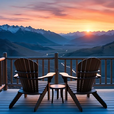 Adirondack Chairs on Deck at Sunset Mountains