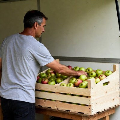 Man picking green apples from crate