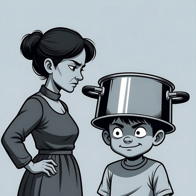 Angry mom and boy with pot hat
