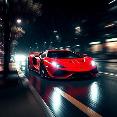 Red Supercar Driving in Rainy Night Street