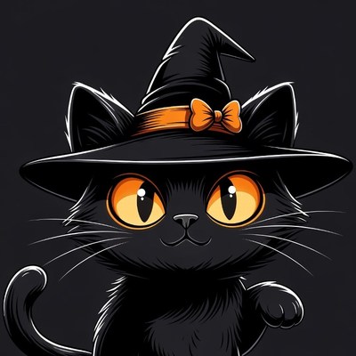 Black cat wearing witch hat