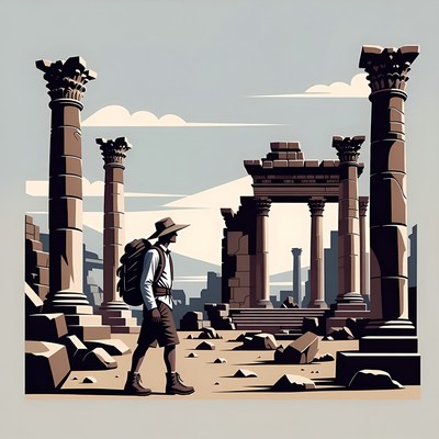 Explorer walking among ancient ruins