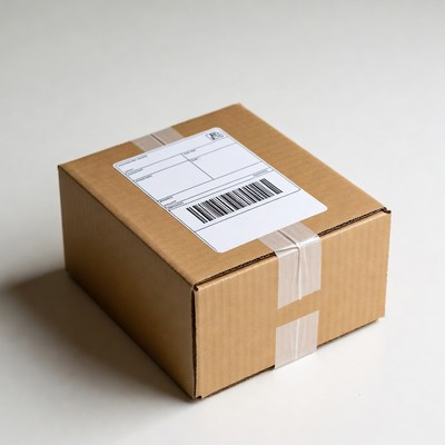 Cardboard shipping box with labels