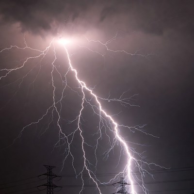 Lightning Bolt Striking Near Power Lines