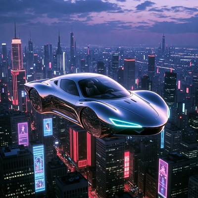 Futuristic Flying Car Over Neon City