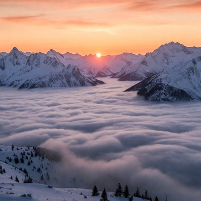 Sunrise over Snowy Mountains and Clouds