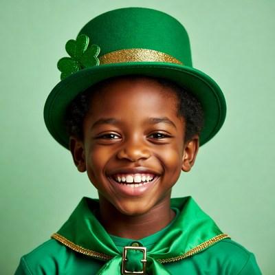 African-American boy in green leprechaun hat