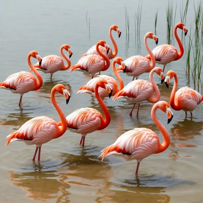Flock of pink flamingos in water