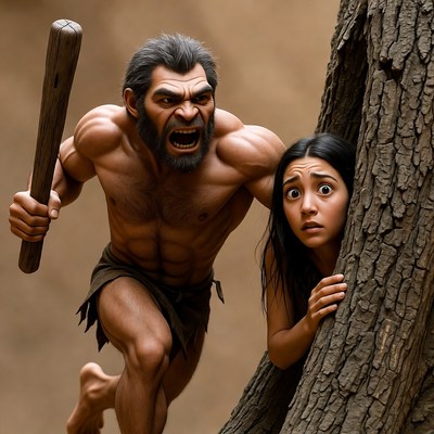 Caveman Chasing Woman Hiding Behind Tree