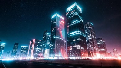 Neon-lit skyscrapers at night