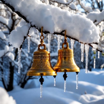 Golden bells hanging on snowy tree branch