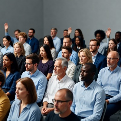 Diverse group raising hands in meeting