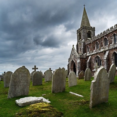 Gothic Church in Foggy Graveyard