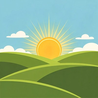 Bright Sun Rising Over Green Hills