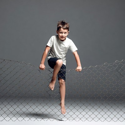 Boy climbing chain link fence