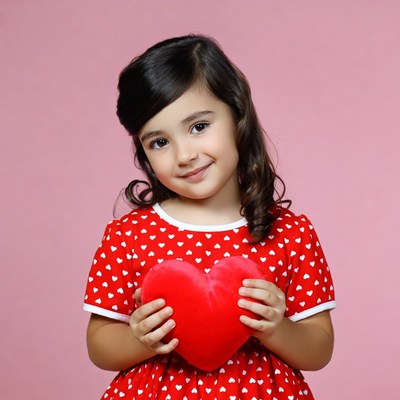 Girl holding red heart plush