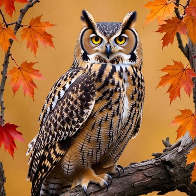 Great Horned Owl on Autumn Branch