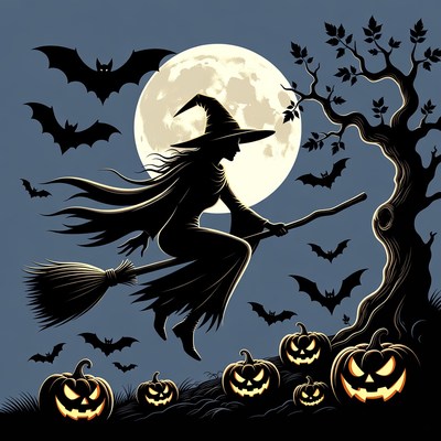 Witch Flying on Broomstick with Bats