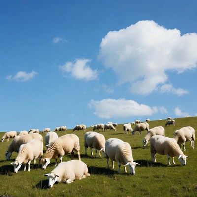 Herd of sheep grazing on green hill