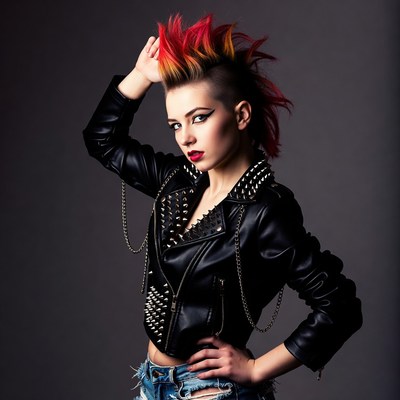 Woman with red mohawk leather jacket
