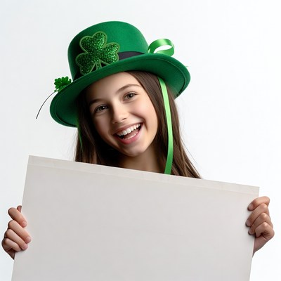 Girl in green leprechaun hat holding blank sign
