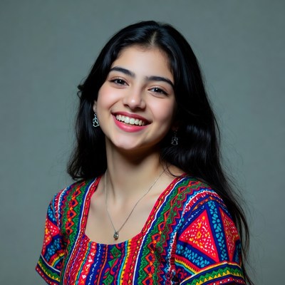 Smiling young woman in colorful dress