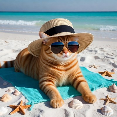 Orange cat in hat sunglasses beach