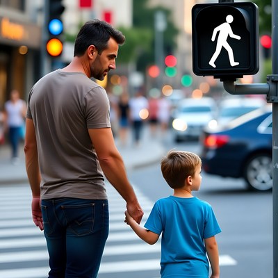 Father holding son's hand at crosswalk