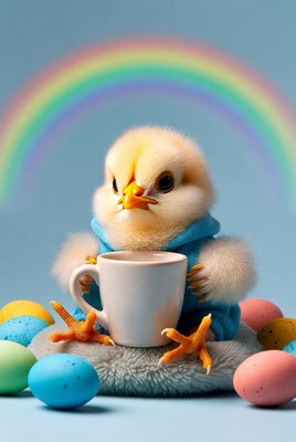 Chick in hoodie holding coffee with rainbow