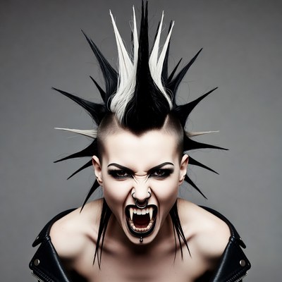 Woman with punk mohawk growling fangs