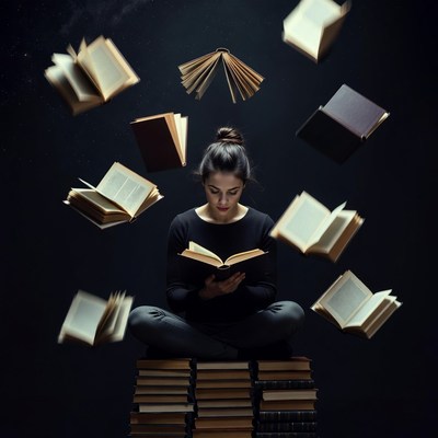 Woman reading amid floating books