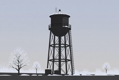 Silhouette Water Tower with Snowy Trees