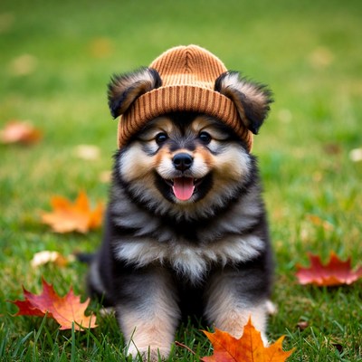Puppy Wearing Beanie in Autumn Grass