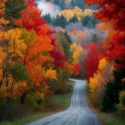 Winding Road Through Autumn Forest