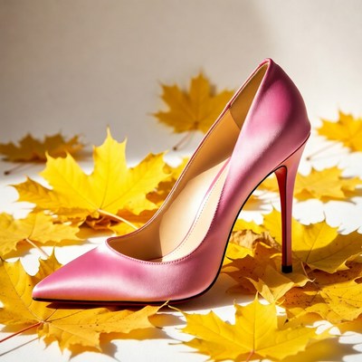 Pink high heel on yellow leaves