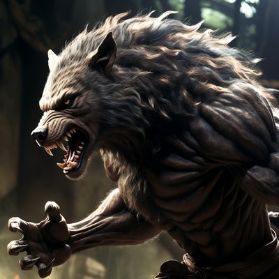 Roaring Werewolf in Dark Forest
