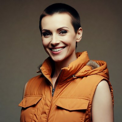 Smiling woman in orange vest