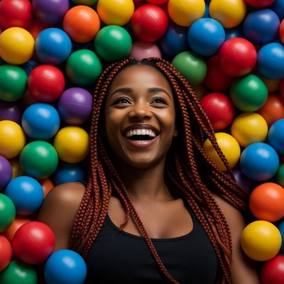 African-American woman smiling in colorful balls