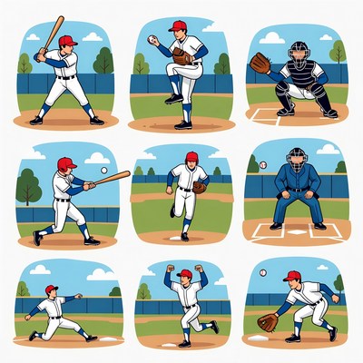 Baseball Players Action Poses Illustration