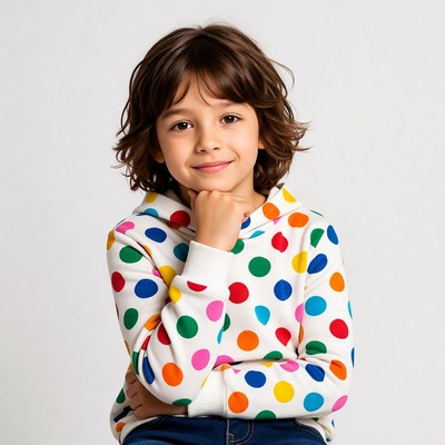 Boy in colorful polka dot hoodie