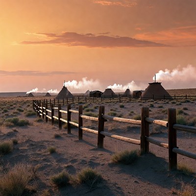 Tipis at Sunset with Smoke