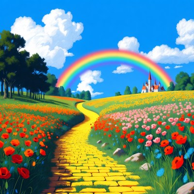Yellow Brick Road with Rainbow and Castle