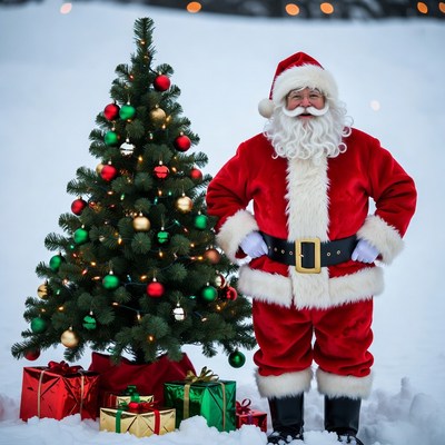 Santa Claus with Christmas tree in snow