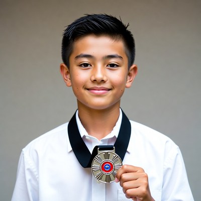 Asian boy holding medal