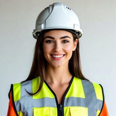 Smiling woman in hard hat and vest