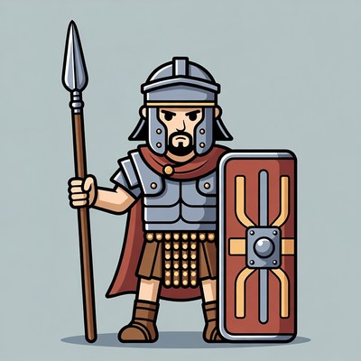 Cartoon Roman Soldier with Spear and Shield