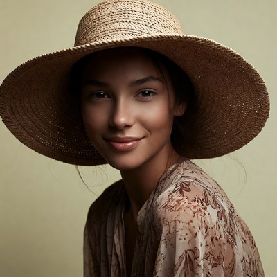 Woman smiling in wide straw hat