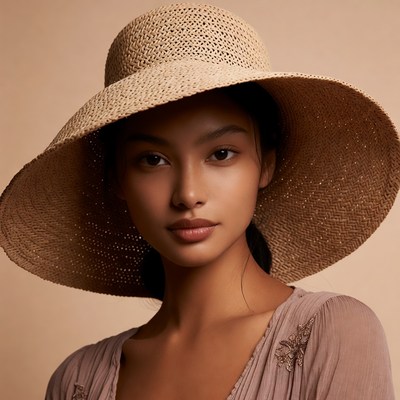 Asian woman wearing wide-brim straw hat