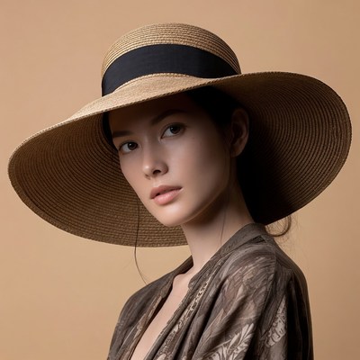 Asian woman wearing wide-brim straw hat