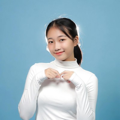 Asian girl smiling in white turtleneck